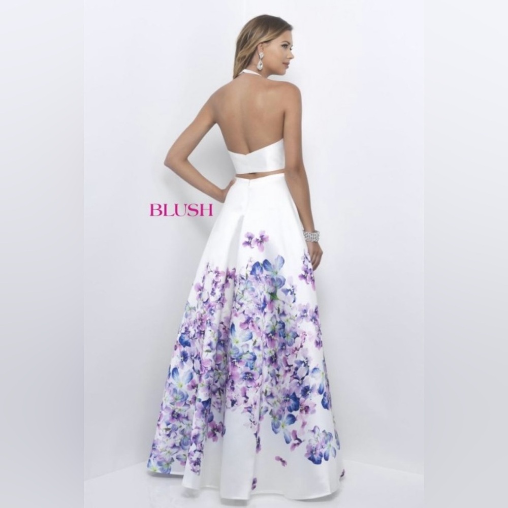 NWT BLUSH PROM 2-Piece Dress in White with Purple/Blue/Green Floral Print, Sz 2 - Picture 3 of 9